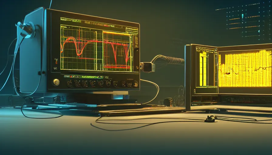 Prompt: rct screen showing oscilloscope on old soviet machine, volumetric lighting, photorealistic rendering, artstation, redshift, octane, golden ratio