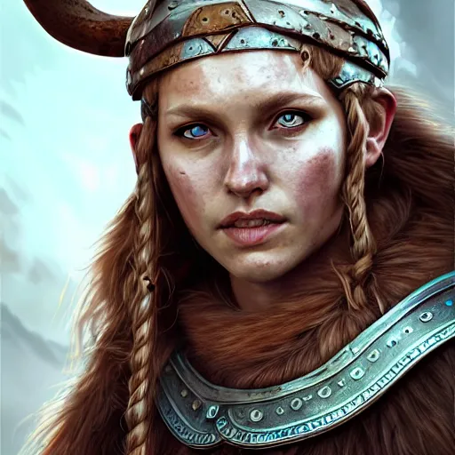 Image similar to portrait of a viking, woman, epic fantasy, detailed, intricate, digital painting, concept art, realistic, smooth, focus, rim light