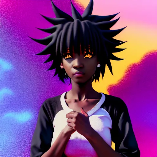 Image similar to portrait of black anime manga girl, throwing punch pose towards camera, french bob hair, white hair, by gustave dore, vaporwave colors, lofi colors, vaporwave, lofi, goth vibe, 4 k, smooth, hd, substance designer render, full body character concept art, 2 point lighting,