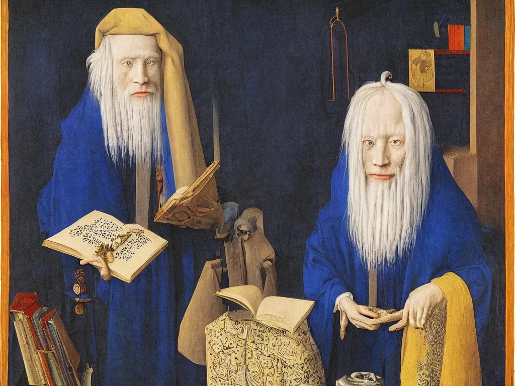 Image similar to Portrait of albino mystic with blue eyes, with books, large illustrated manuscripts. Painting by Jan van Eyck, Audubon, Rene Magritte, Agnes Pelton, Max Ernst, Walton Ford