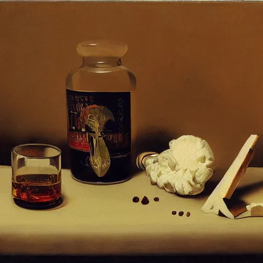 Prompt: still life with cocaine, marihuana and whiskey, airbrush, by masato saito, by caravaggio, high detail, 4 k