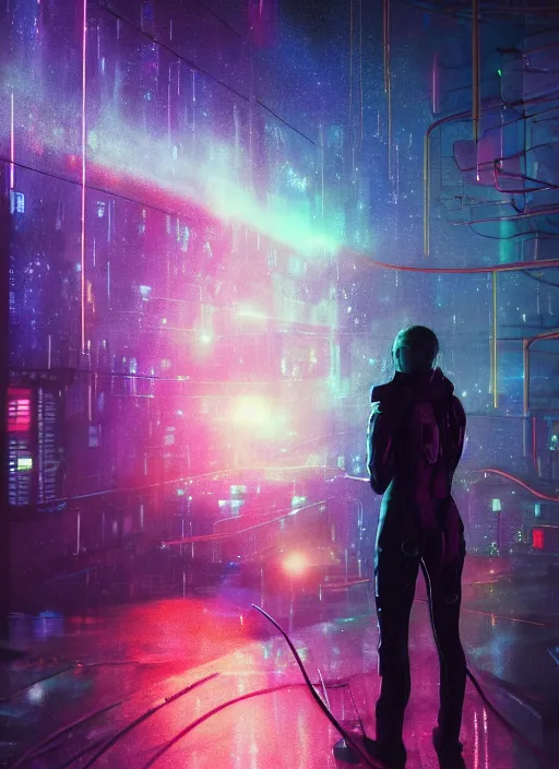 Image similar to lonely cyber person made of cosmic nebula galaxy energy watching a rainy stormy colorful complex cyberpunk futuristic city from behind at night through a window in a room full of wires and screens, 8 k, hyper photorealistic, wet, highly detailed, cinematic mood by ridley scott, ghost in the shell, rendered in octane, trending on artstation, glowing lights, gloomy, epic composition