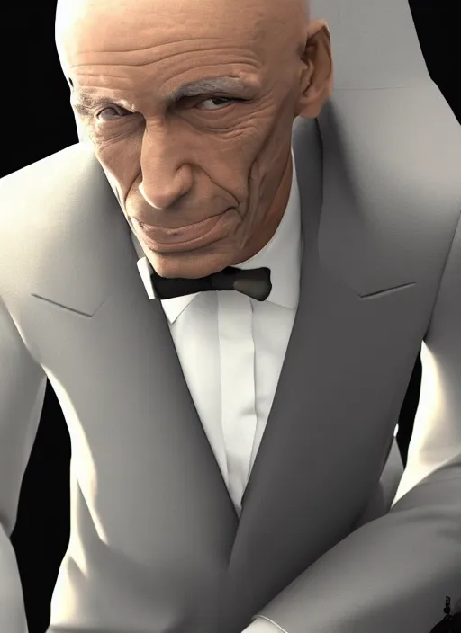 Image similar to full length portrait of skinny old man with parchment colored boney head, wearing a black high necked suit with patched elbows 8 k realistic hyper detailed artstation concept art