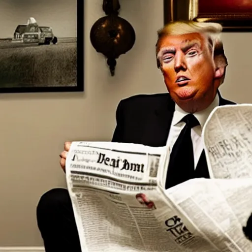 Prompt: donald trump sitting on a toilet with his pants down, he is looking at a newspaper.