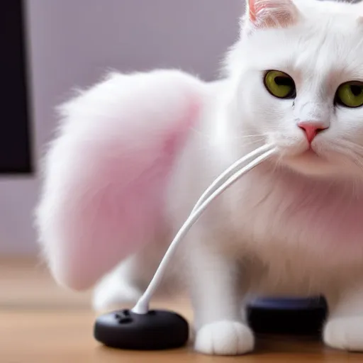 Prompt: White cat with dark pink eyes who is gaming with a headset on