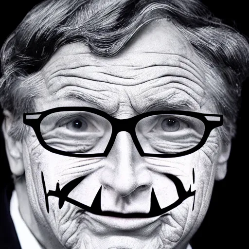 Image similar to a demon wearing a mask with the face of bill gates.