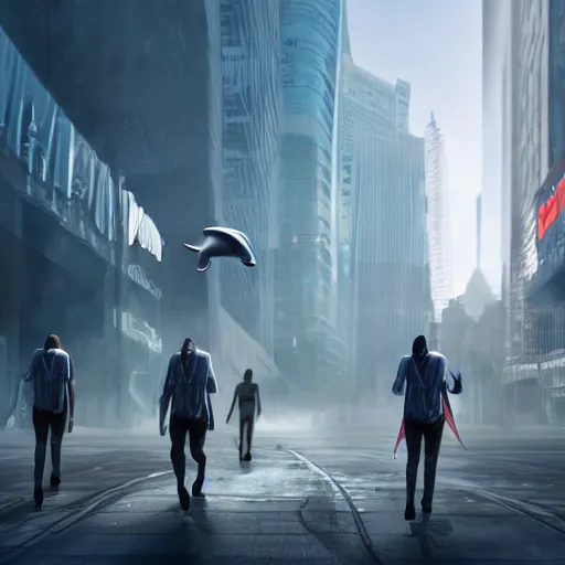Prompt: apocalyptic, dolphin aliens walking on the future streets. smoke. volumetric lighting, sharp focus, ultra detailed, cgsociety - w 1 0 2 4 - n 8 - i