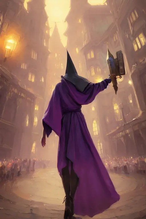 Prompt: Young beautiful short woman in purple witch robes and pointy hat at a crowded magical university, full body shot unreal engine hyperreallistic render 8k character concept art masterpiece digital art by Greg Rutkowski, Simon Stalenhag, trending on Artstation, CGSociety