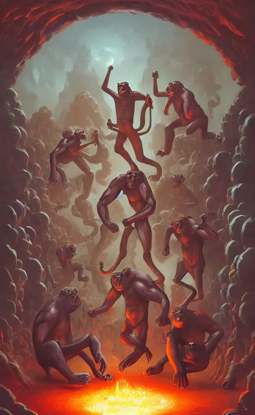 Prompt: a crew of chimpanses in fight stance at the entrance of hell by peter mohrbacher