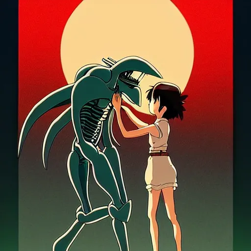 Image similar to a beautiful movie still in the style of Studio Ghibli anime showing an Alien from Aliens (1986) fighting a Predator. Studio Ghibli, trending on artstation, trending on behance