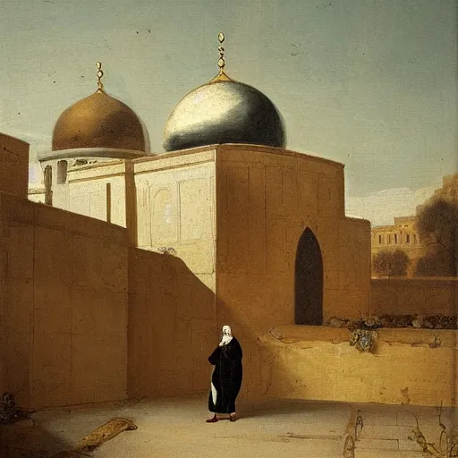 Prompt: 18th century historical painting representing Arab man near old mosque in old Arab city, by Joshua Reynolds, Hermitage museum catalog photography,