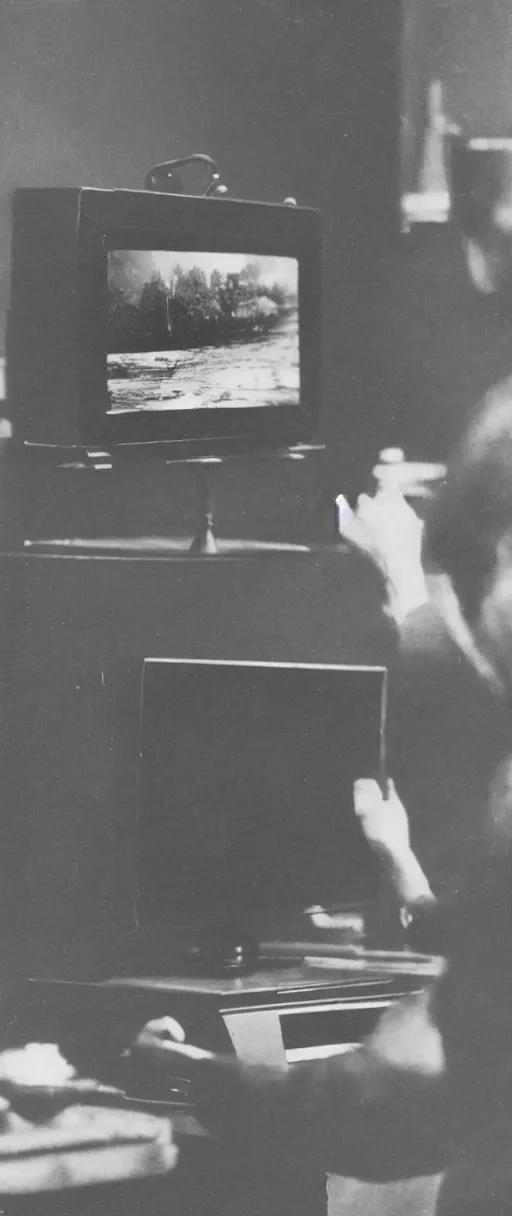 Image similar to 1 9 0 0 s photo of a person watching a flat screen hd tv