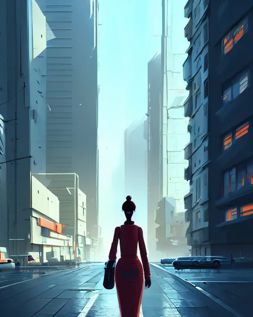 Image similar to a woman walking down a street next to tall buildings, cyberpunk art by goro fujita, cgsociety, photorealism, speedpainting, artstation hq, artstation hd