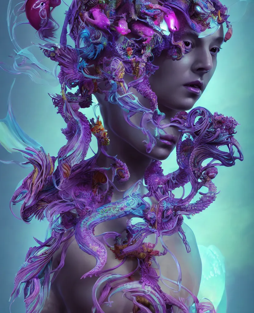 Image similar to goddess full color painted acryllic sculpture close-up portrait. orchid bird phoenix head, nautilus, skull, betta fish, bioluminiscent creatures, intricate artwork by Tooth Wu and wlop and beeple. octane render, trending on artstation, greg rutkowski very coherent symmetrical artwork. cinematic, hyper realism, high detail, octane render, 8k