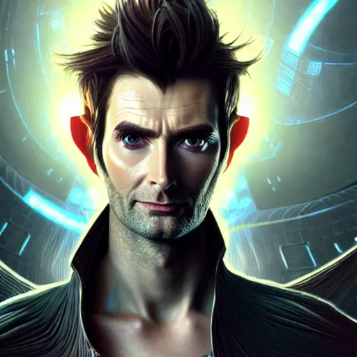 Image similar to portrait painting of a cyberpunk elven cyborg david tennant with thin pointy ears, ultra realistic, concept art, intricate details, eerie, highly detailed, photorealistic, octane render, 8 k, unreal engine. art by artgerm and greg rutkowski and charlie bowater and magali villeneuve and alphonse mucha