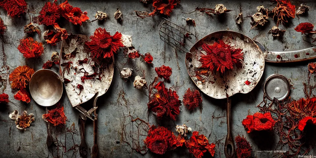 Image similar to side view, decaying rotting red fruits, moldy, on an antique distressed table top, dried flowers, metal kitchen utensils, old kitchen backdrop, dark kitchen, style by peter lippmann, intricate detail,