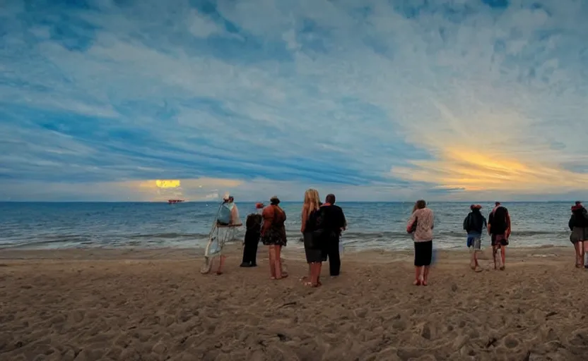 Prompt: sunny day at the beach blue sky big explosion on the horizon and few people watching it war apocalyptic photorealistic