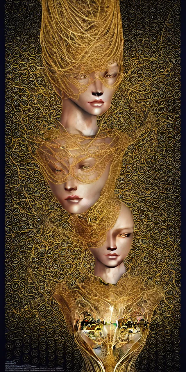 Prompt: seamless pattern of three dimensional blueprints for an absurdly beautiful, graceful, sophisticated, fashionable futuristic female golden robot, hyperdetailed illustration by irakli nadar and alexandre ferra, intricate linework, faberge, intricate gold headdress, dark atmosphere, unreal engine 5 highly rendered, global illumination, radiant light, detailed and intricate environment