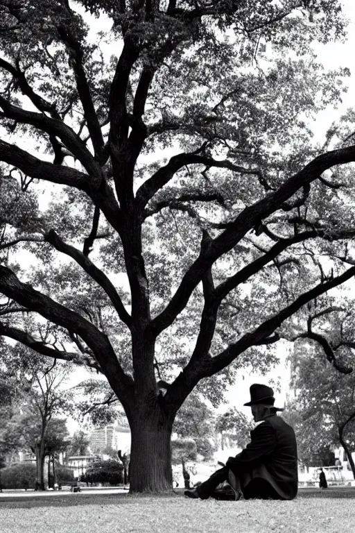 Image similar to a detective from the 5 0's, sitting in a park under a big tree