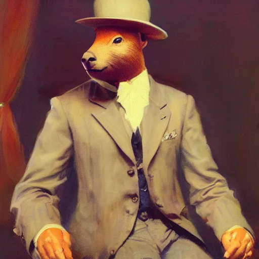 Image similar to portrait of a proud capybara dressed as a gentleman, artwork by gaston bussiere, craig mullins, trending on artstation, capybara wearing a gentleman's uniform