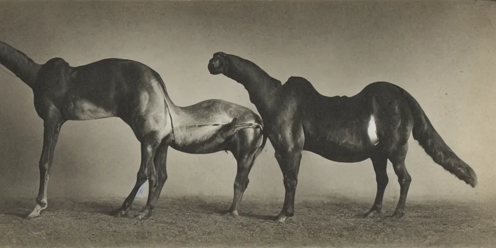 Image similar to cathorsecamel, strange, black and white, photograph, 1850s