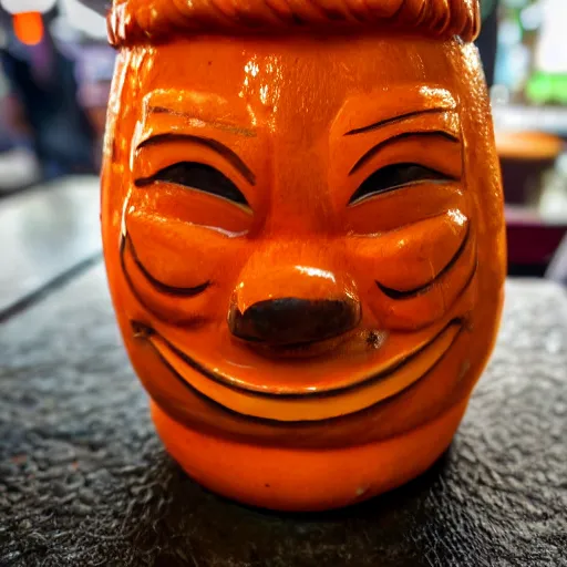 Image similar to a closeup photorealistic photograph of an orange cat garfield style tiki mug at a trader vic's bar with garfield's face on the front. tiki party. bright scene. fine detail. this 4 k hd image is trending on artstation, featured on behance, well - rendered, extra crisp, features intricate detail, epic composition and the style of unreal engine.