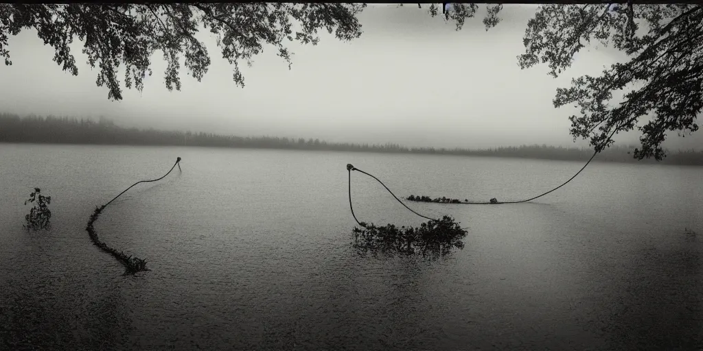 Image similar to centered photograph of a infintely long rope zig zagging across the surface of the water into the distance, floating submerged rope stretching out towards the center of the lake, a dark lake on a cloudy day, moody vibe, trees in the background, hyper - detailed photo, anamorphic lens