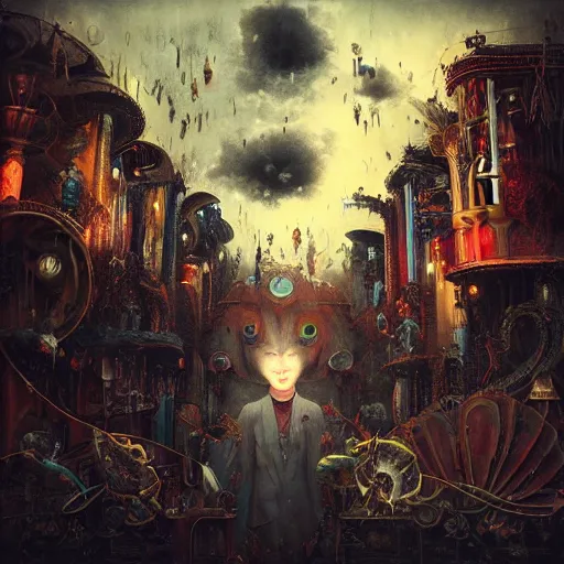 Image similar to ultra realist soft painting of a curiosities carnival by night, nightmare fuel, omnious sky, symmetry accurate features, very intricate details, film noir, volumetric clouds, desolated world, Tom Bagshaw