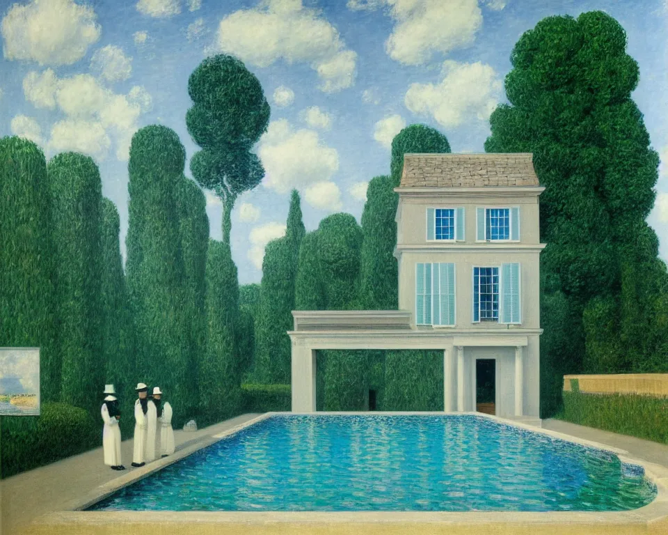 Image similar to achingly beautiful painting of a sophisticated, well - decorated, modern pool house by rene magritte, monet, and turner.