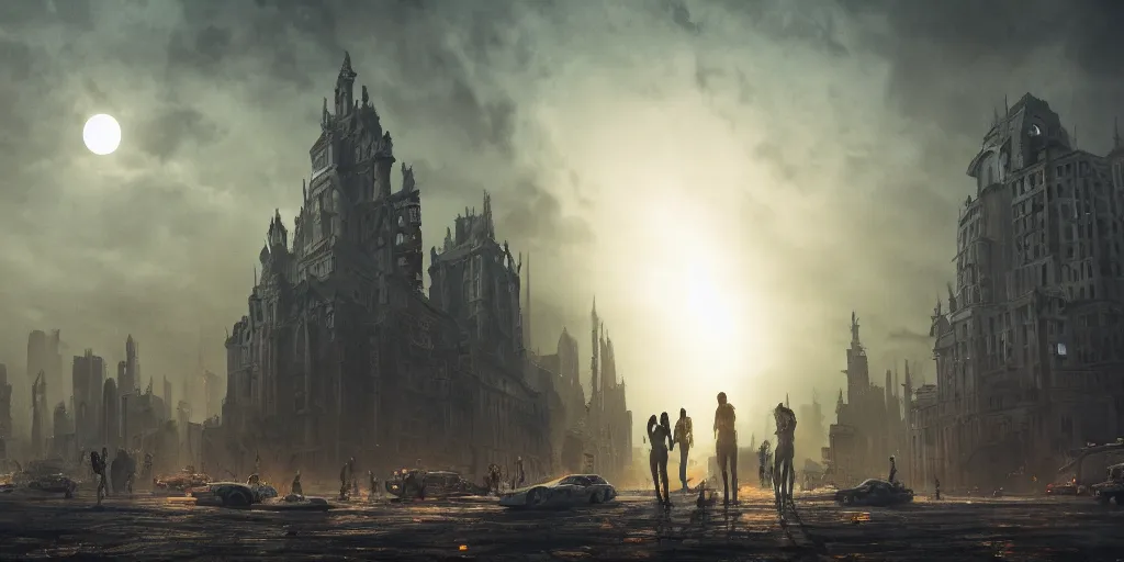 Image similar to a cinematic movie scene, 2 0 0 mm wide shot, a post - apocalyptic city with monuments, a dark yellow moon, bustling with people and flying cars, gothic environment, detailed illustration, sharp focus, concept art, unreal engine, octane render, god rays h 7 6 8