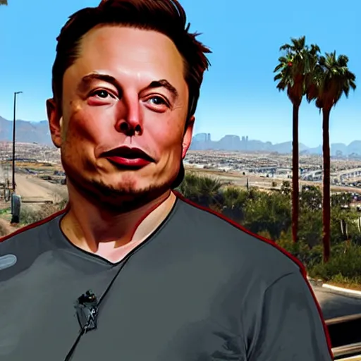 Prompt: Elon Musk in GTA V . Los Santos in the background, palm trees. In the art style of Stephen Bliss.