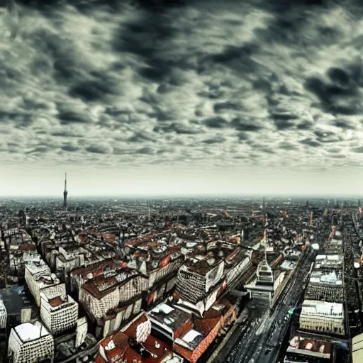 Prompt: warsaw postapocalyptic, panorama, bird's eye view