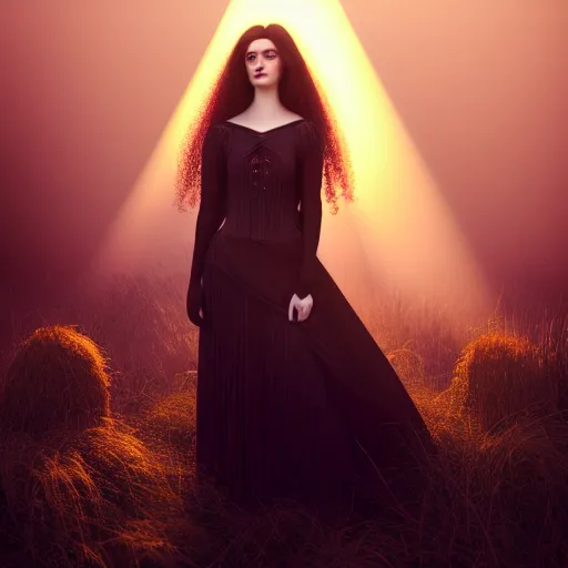 Image similar to photographic portrait of a stunningly beautiful gothic symbolist female in soft dreamy light at sunset, god rays, contemporary fashion shoot, by edward robert hughes, annie leibovitz and steve mccurry, david lazar, jimmy nelsson, breathtaking, 8 k resolution, extremely detailed, beautiful, establishing shot, artistic, hyperrealistic, beautiful face, octane render
