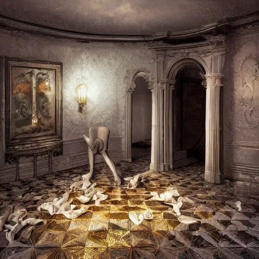 Image similar to hyperrealistic random objects in a surreal dreamscape environment by salvador dali, highly detailed, 3 d render, vray, octane, realistic lighting, photorealistic, colorful, intricate, elegant, wayne barlowe, water, mirrors, doorway, beautiful, masterpiece, trending on artstation, artgerm, black and white checkered floor