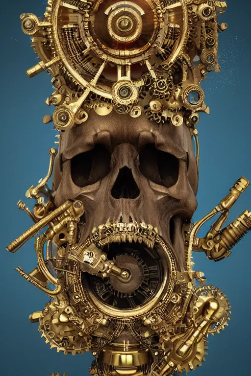 Image similar to hyperrealistic 3d render ultra detailed of a skull, art deco, steam punk, intricate gears details, hyperrealistic, Volumetric lighting, ultra detailed, elegant, octane render, blue and gold, 8k, trending on Artstation, unreal engine