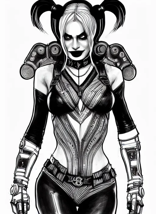 Image similar to symmetry concpet art, full shot, traditional ink, sketch, of harley quinn, line sketch, intricate, elegant, highly detailed, monochrome, digital painting, artstation, concept art, sharp focus, illustration, art by borderlands 3 and peter polach