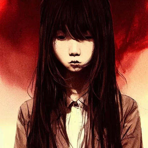 Image similar to full body portrait of a korean schoolgirl with long hair and bangs, her arms are mutating into thin red tedrils, dramatic lighting, illustration by Greg rutkowski, yoji shinkawa, 4k, digital art, sci-fi horror concept art, trending on artstation