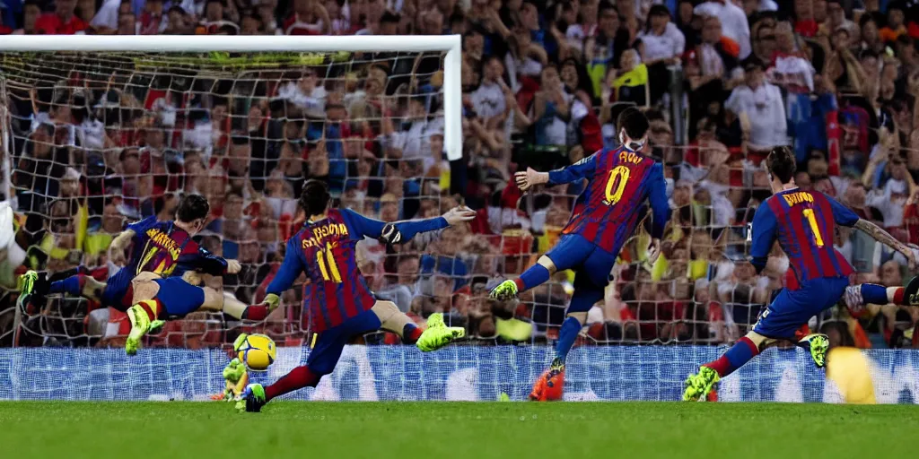 Prompt: messi kicking the planet earth for a goal