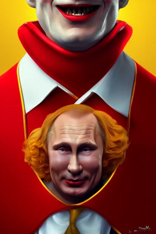 Image similar to vladimir putin as ronald mcdonald, 2 d portrait, symmetrical, highly detailed, digital painting, artstation, concept art, smooth, sharp focus, illustration, cinematic lighting, art by artgerm and greg rutkowski and alphonse mucha