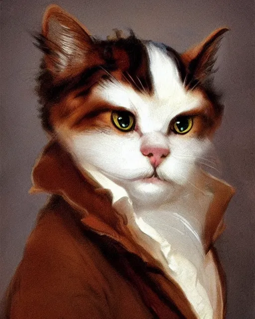 Image similar to cute brown cat with serious expression wearing regency era menswear in navy and white, thomas lawrence, greg rutkowski