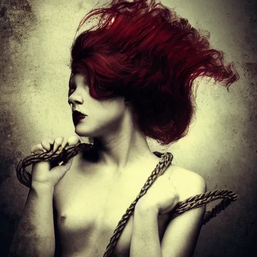 Prompt: dark schizophrenia portrait, death not dresses body red head woman in medieval dress, strangled with rope, scull blur effect face, victorian style, high detail