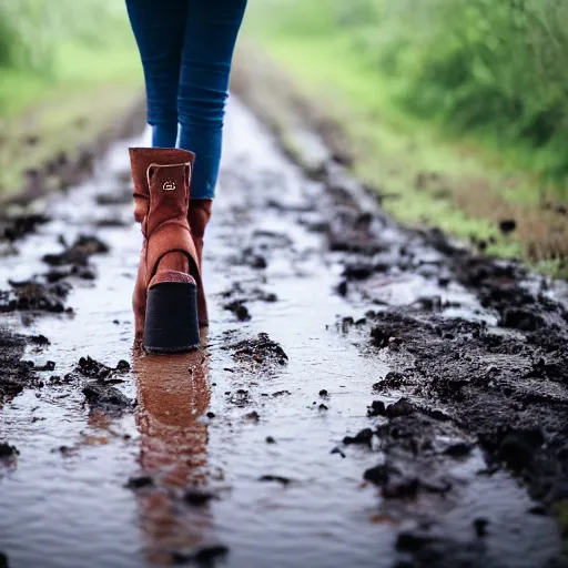 Image similar to a woman in chunky platform boots walking on a muddy road, canon EOS 1000D
