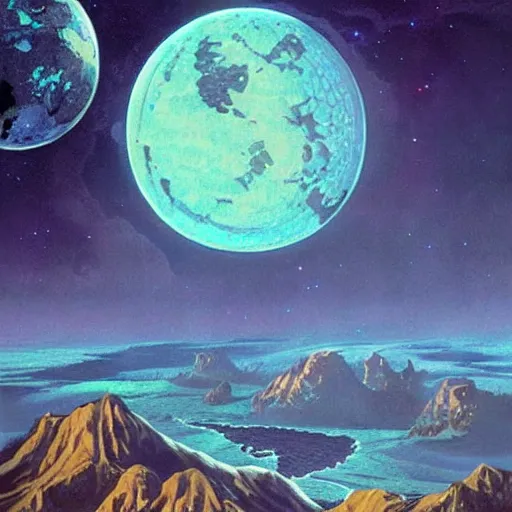 Image similar to 🌍🌎🌏🌒🌓🌔, retro sci - fi fantasy art, crisp, clear, wallpaper