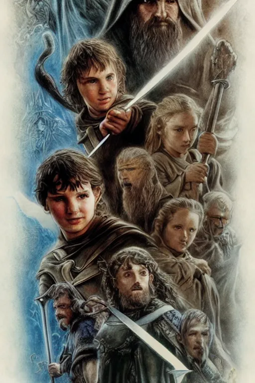 Image similar to epic fantasy journey, lotr, sandstorm, tom cruise, game of thrones, dragon, lord of the rings, the hobbit, stranger things, by drew struzan