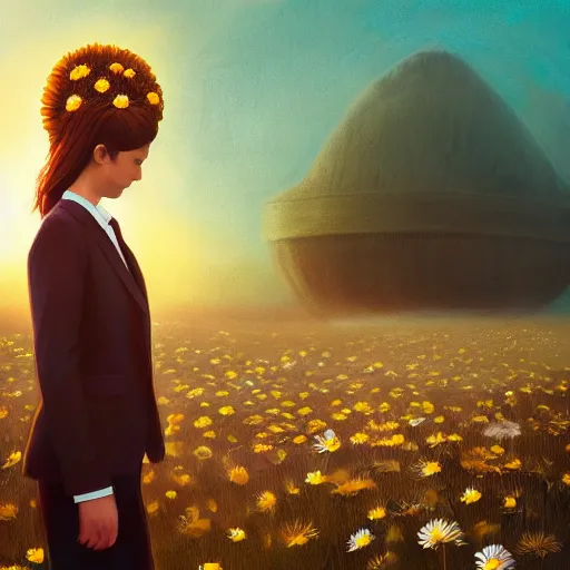 Image similar to giant daisy flower on head, frontal, girl in a suit, surreal photography, sunrise, dramatic light, impressionist painting, digital painting, artstation, simon stalenhag