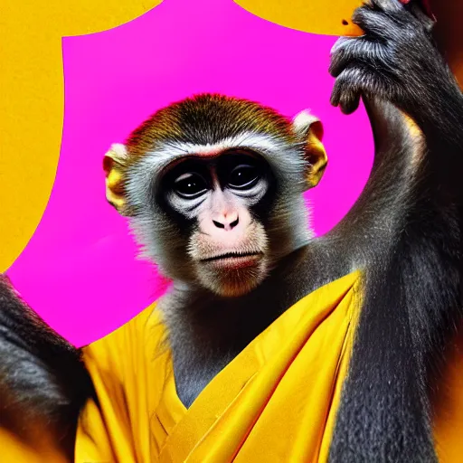 Image similar to a monkey in a yellow kimono, pink background