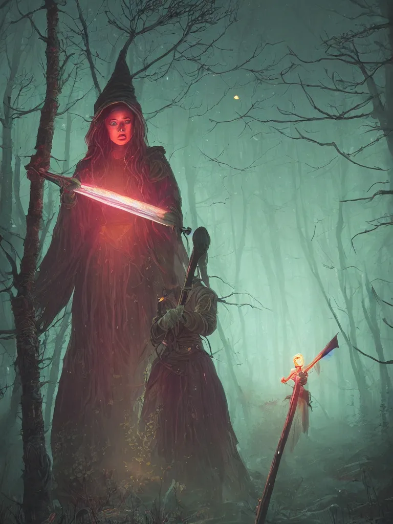 Image similar to close up portrait of a beautiful female witch with glowing sword, magical forest background fantasy atmosphere. art by simon stalenhag. highly detailed, intricate, lifelike. sci - fi, fantasy, magical, nikon d 8 5 0.