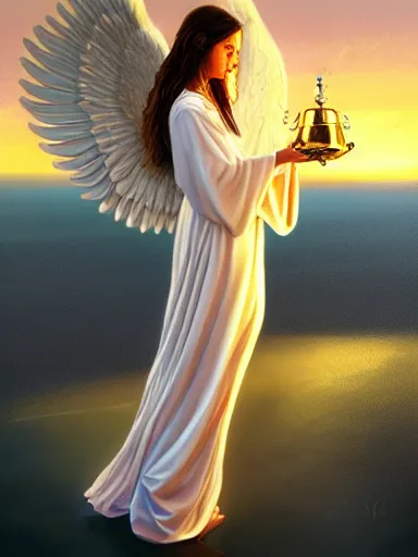 Image similar to angel with large wings and white robe holding a golden chalice. a lake with the sun rising in the background. intricate, elegant, highly detailed, digital painting, artstation, concept art, sharp focus, illustration, by justin gerard and artgerm, 8 k