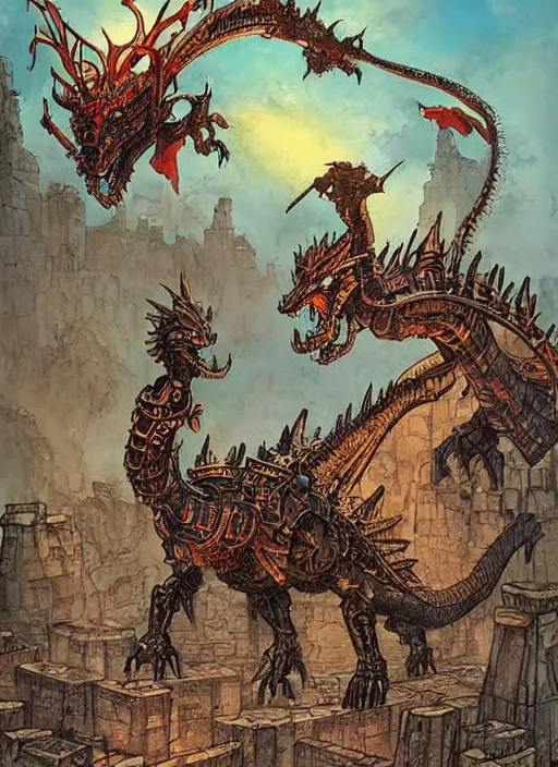 Image similar to intricate fantasy comic book drawing of a ( giant mechanical dragon ) over a ( stronghold castle ) by dariusz zawadski and simon stalenhag, simon bisley!, jack kirby!!! and gris grimly, cinematic, epic, awesome color palette, hard contrast, ink outlines