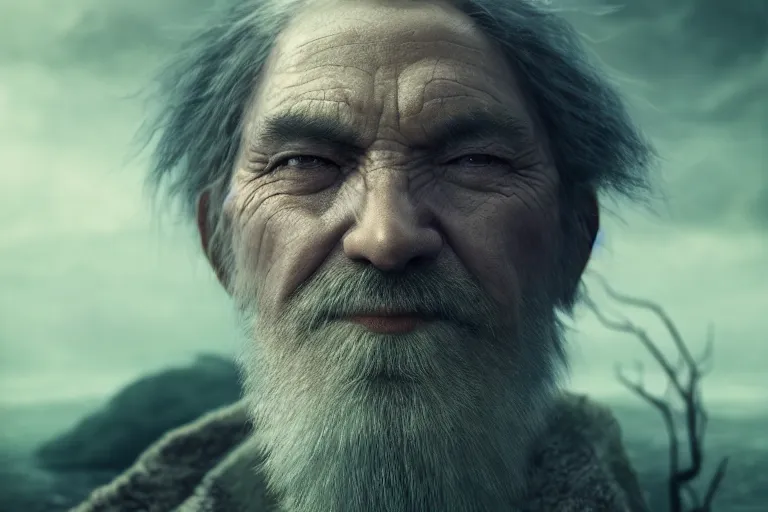 Image similar to an ultra realistic cinematic close up headshot portrait of an evil wizard, background of a vast serene landscape with trees and rivers, detailed, deep focus, movie still, dramatic lighting, ray tracing, by michal karcz and yoshitaka amano